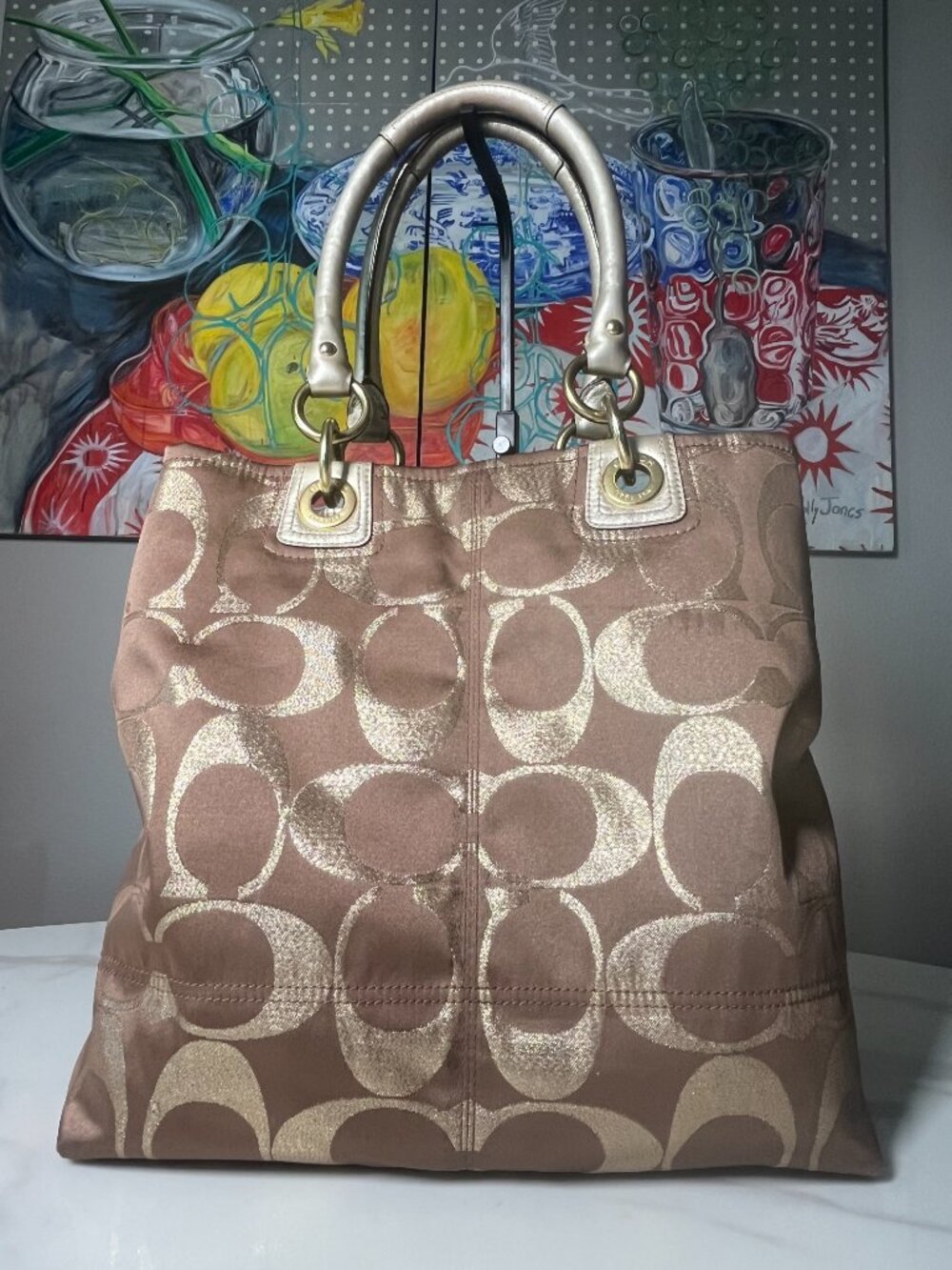 Coach Hampton Weekend Metallic Signature Jacquard Tote Turnlock Satchel 15391 - Picture 4 of 16